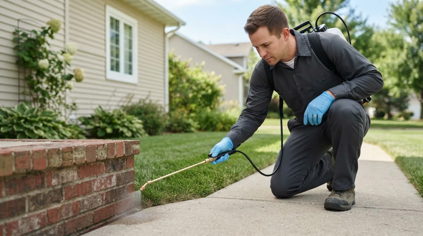 Pest control technician treating a home near Mountlake Terrace, WA